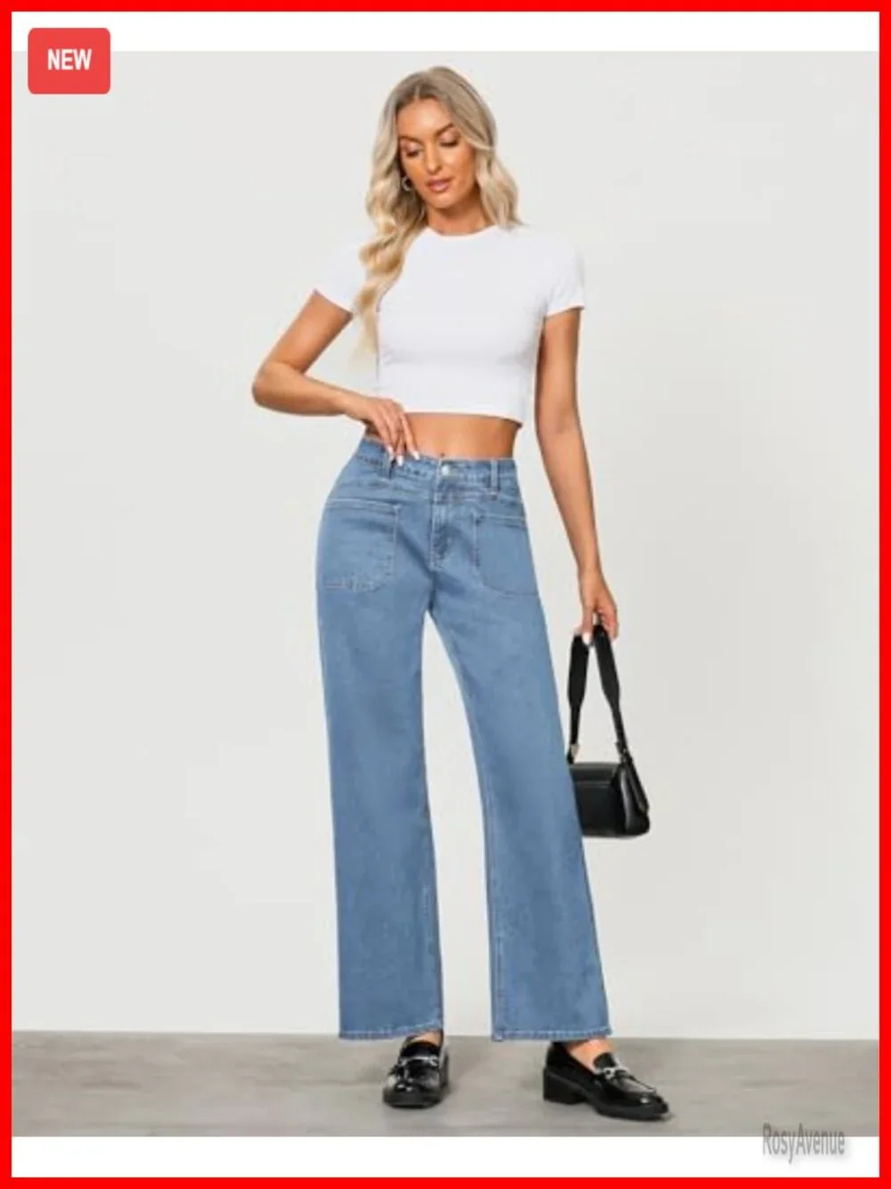 High Waisted Wide Leg Stretchy Retro Denim Jeans with Pockets